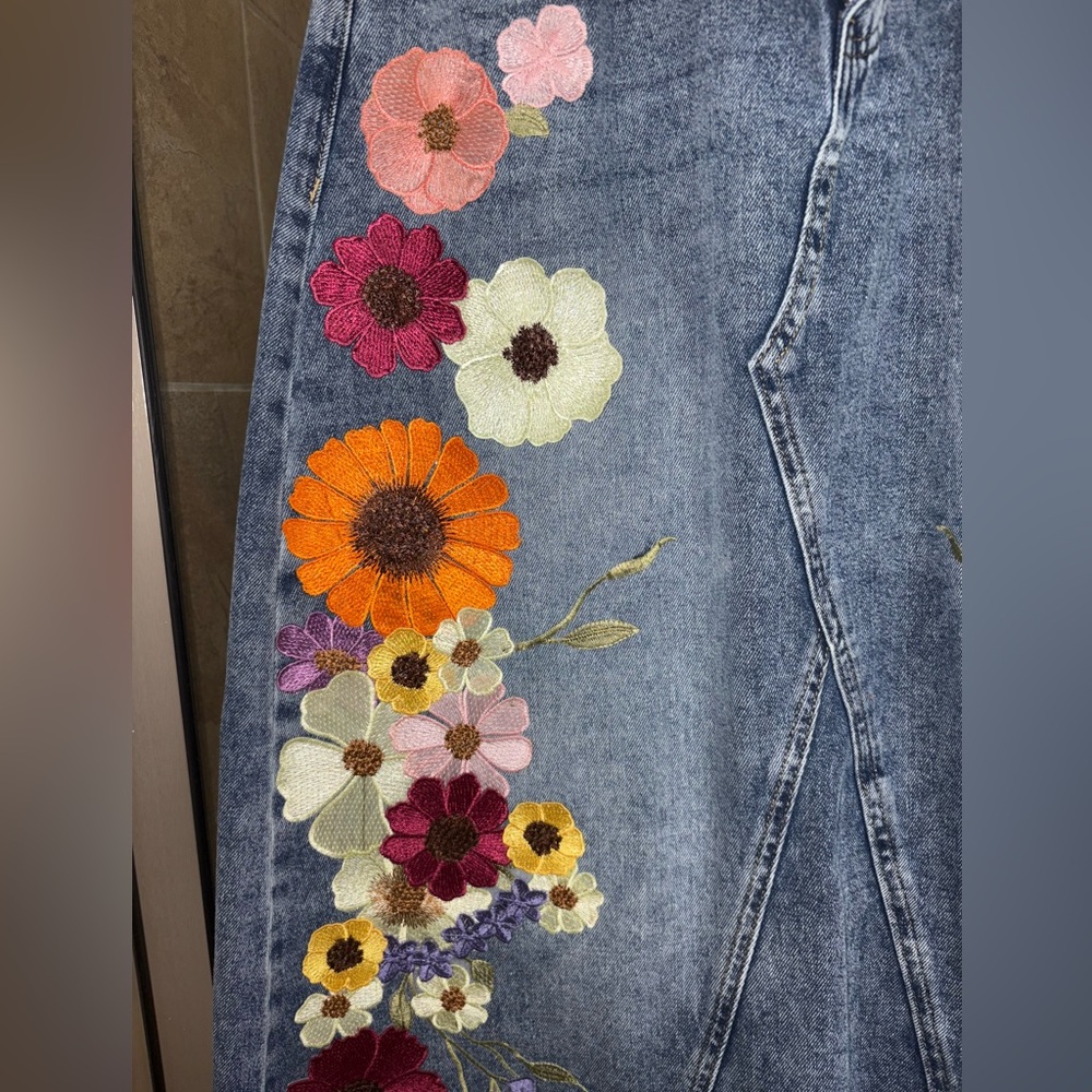 Upcycled Art to Wear Floral Embroidered A-line Denim Maxi Skirt - Picture 4 of 7